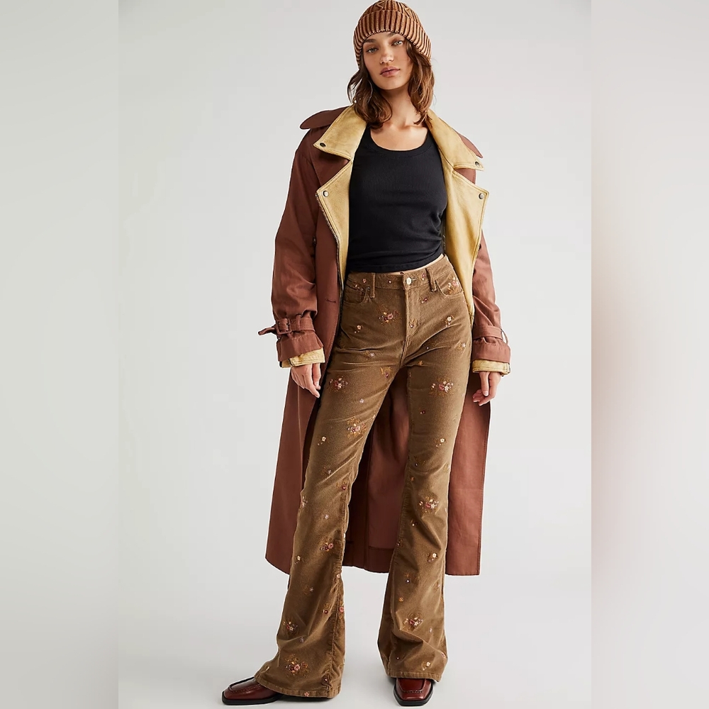 NWT Driftwood Brown Embroidered Courdory Flare Pants, Size 27